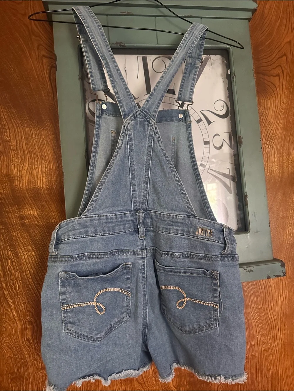 Justice Light Blue Denim Sequin Heart Short Overalls